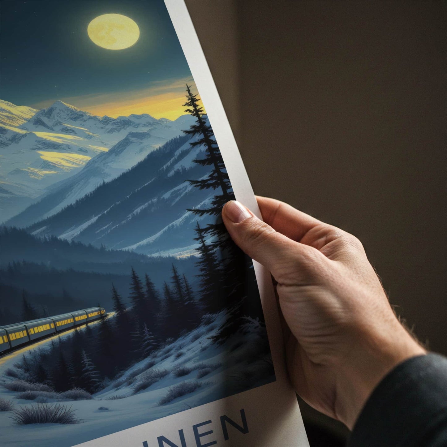 Lauterbrunnen Poster - Switzerland Wall Art - Moonlit Winter Train Home Decor