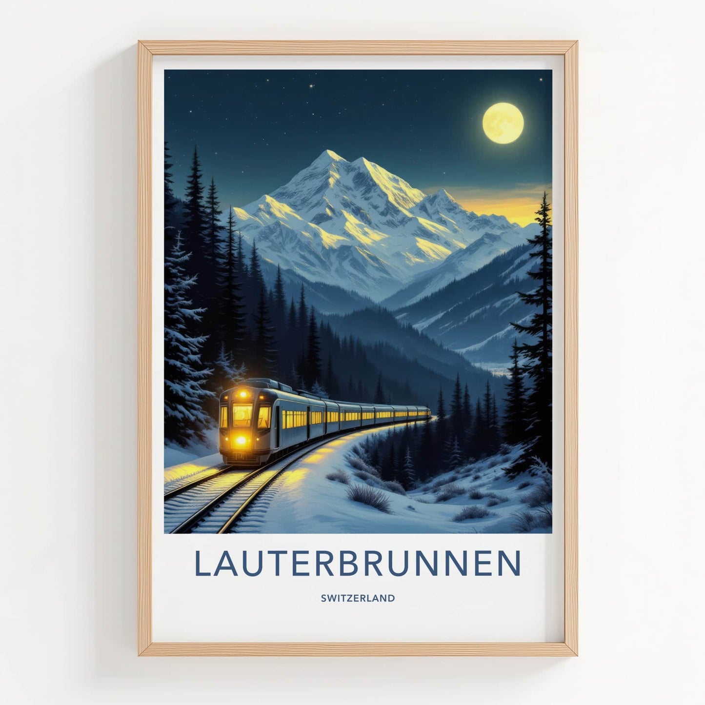 Lauterbrunnen Poster - Switzerland Wall Art - Moonlit Winter Train Home Decor