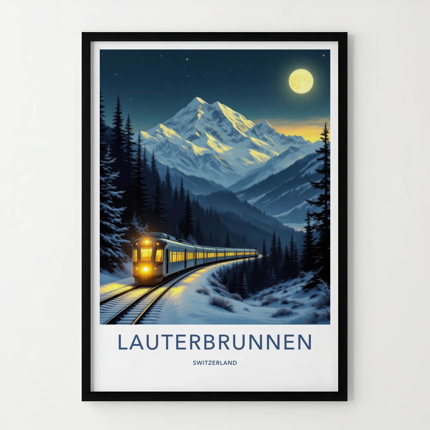 Lauterbrunnen Poster - Switzerland Wall Art - Moonlit Winter Train Home Decor