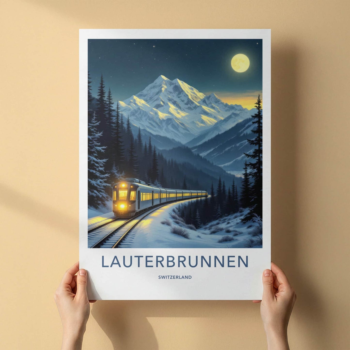 Lauterbrunnen Poster - Switzerland Wall Art - Moonlit Winter Train Home Decor