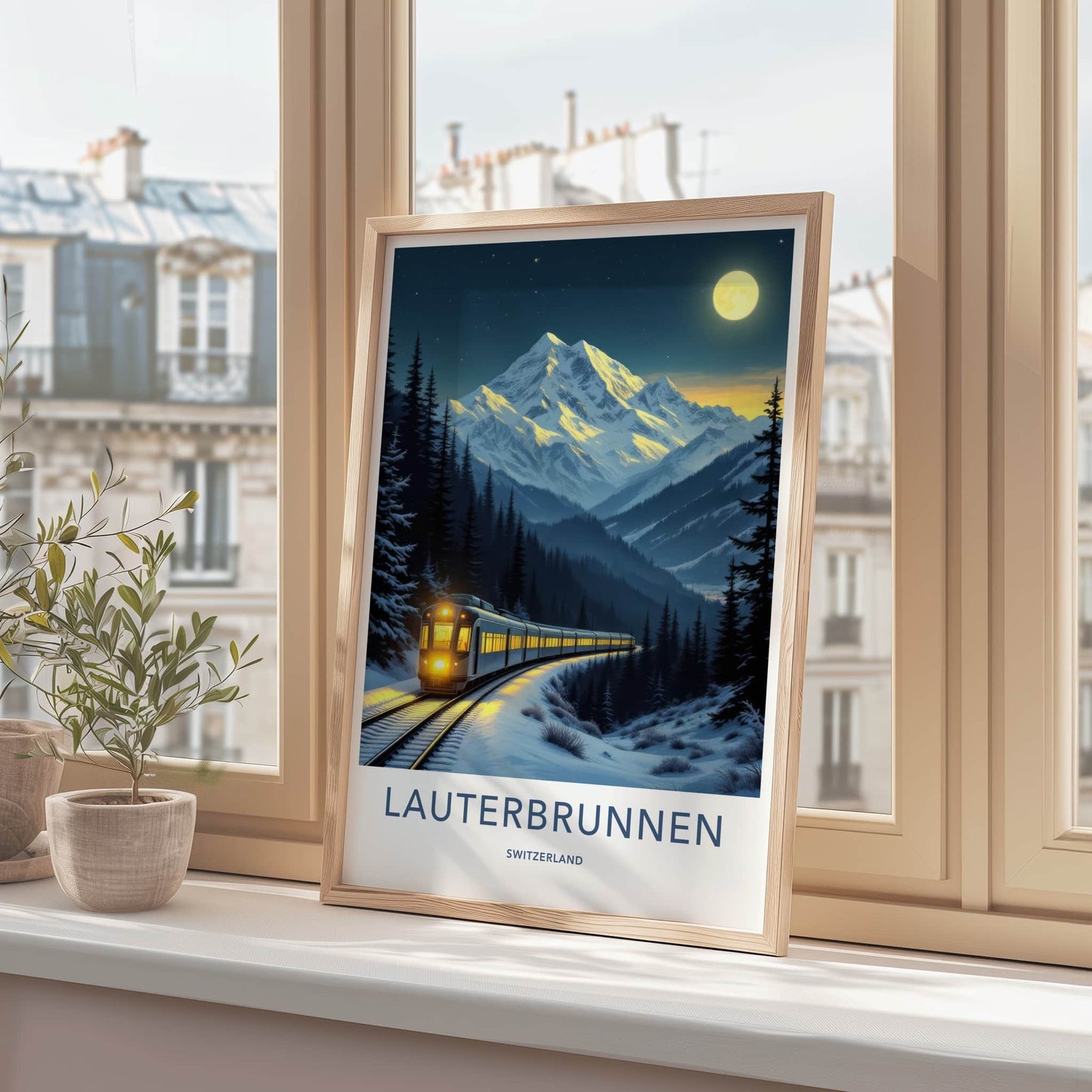 Lauterbrunnen Poster - Switzerland Wall Art - Moonlit Winter Train Home Decor