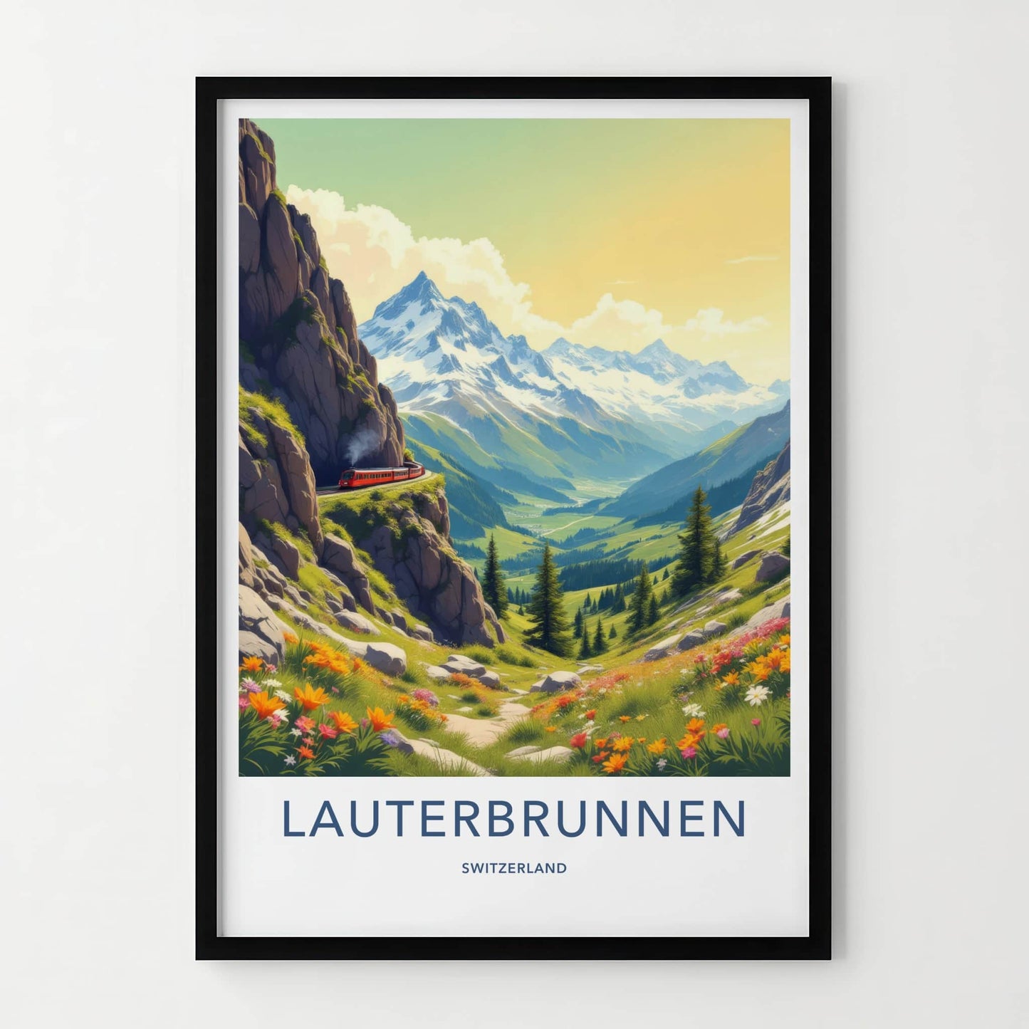 Lauterbrunnen Poster - Switzerland Wall Art - Red Train Valley Home Decor