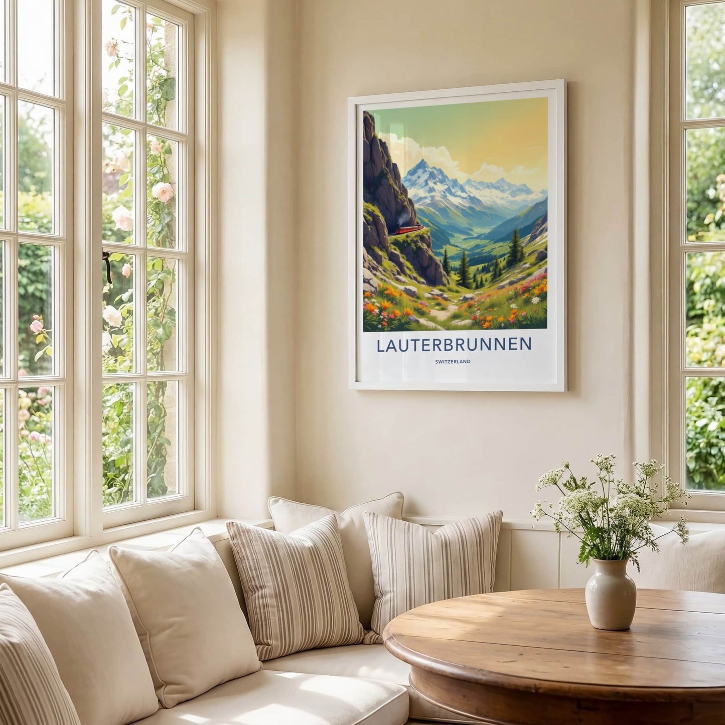 Lauterbrunnen Poster - Switzerland Wall Art - Red Train Valley Home Decor