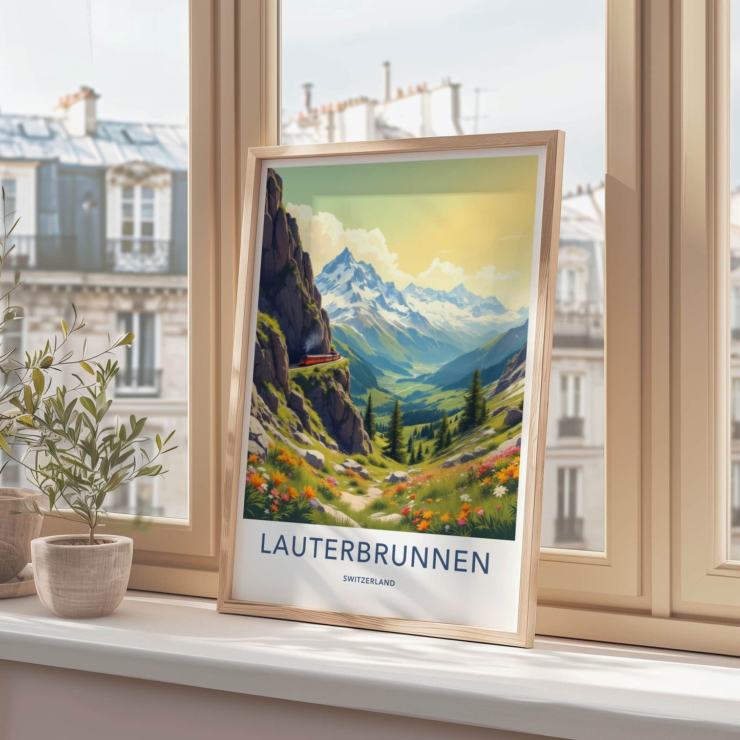 Lauterbrunnen Poster - Switzerland Wall Art - Red Train Valley Home Decor