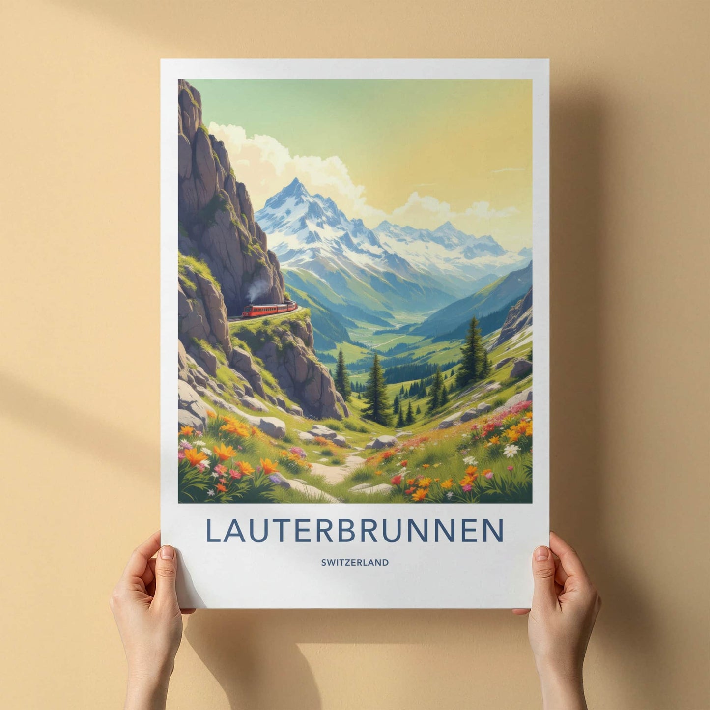 Lauterbrunnen Poster - Switzerland Wall Art - Red Train Valley Home Decor