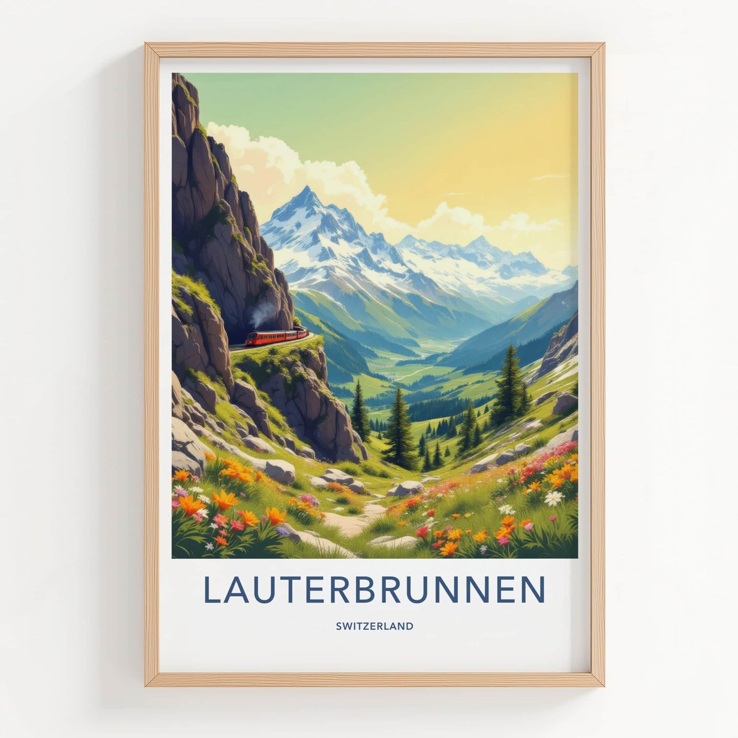 Lauterbrunnen Poster - Switzerland Wall Art - Red Train Valley Home Decor