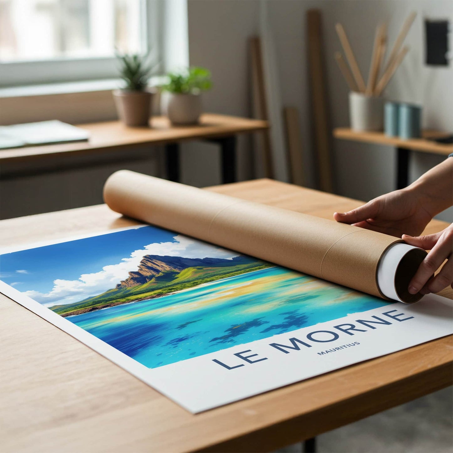 Le Morne Poster - Mauritius Travel Print - Towering Mountain Bright Ocean Wall Decor