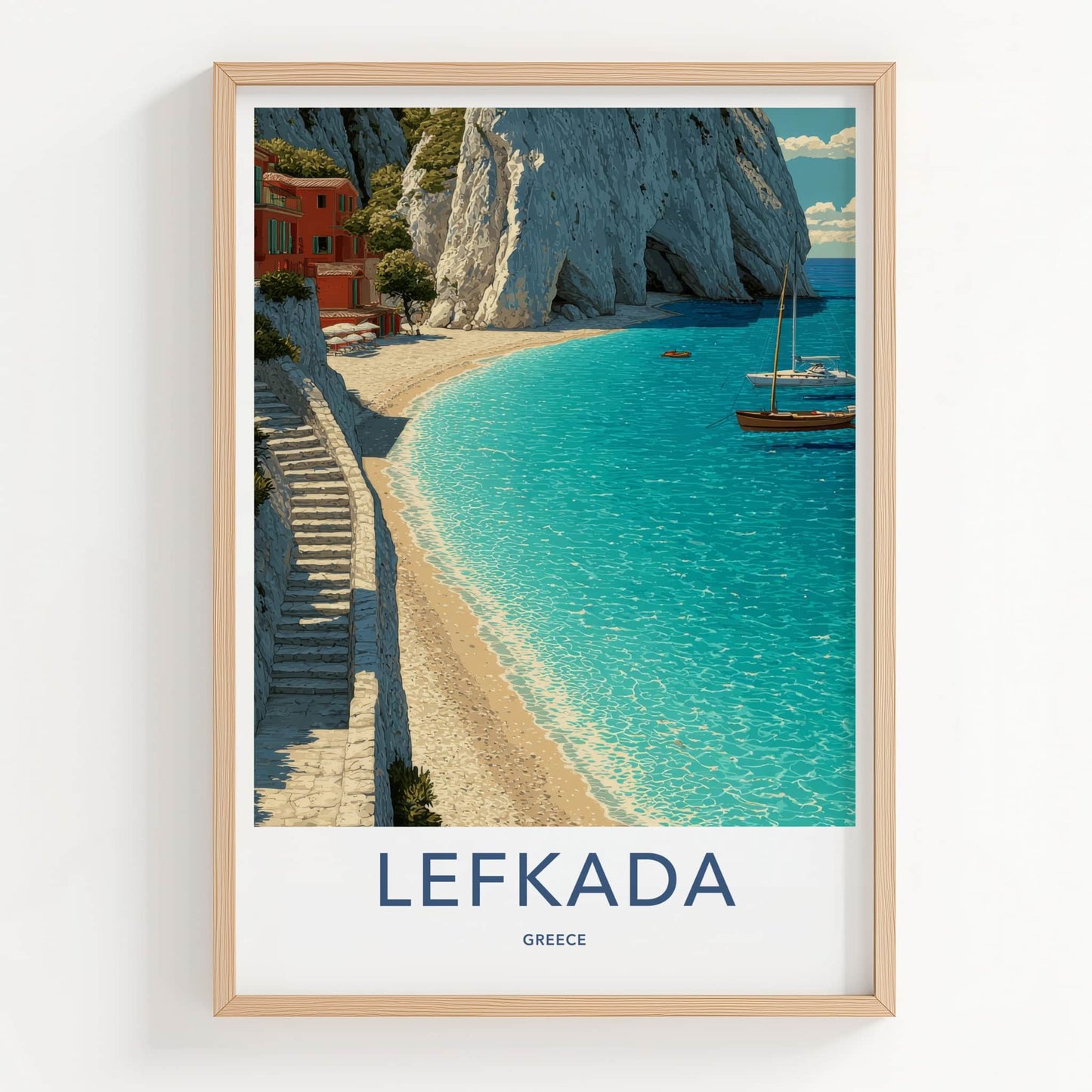 Lefkada Poster - Greece Travel Art - Cliffside Village Beach Home Decor