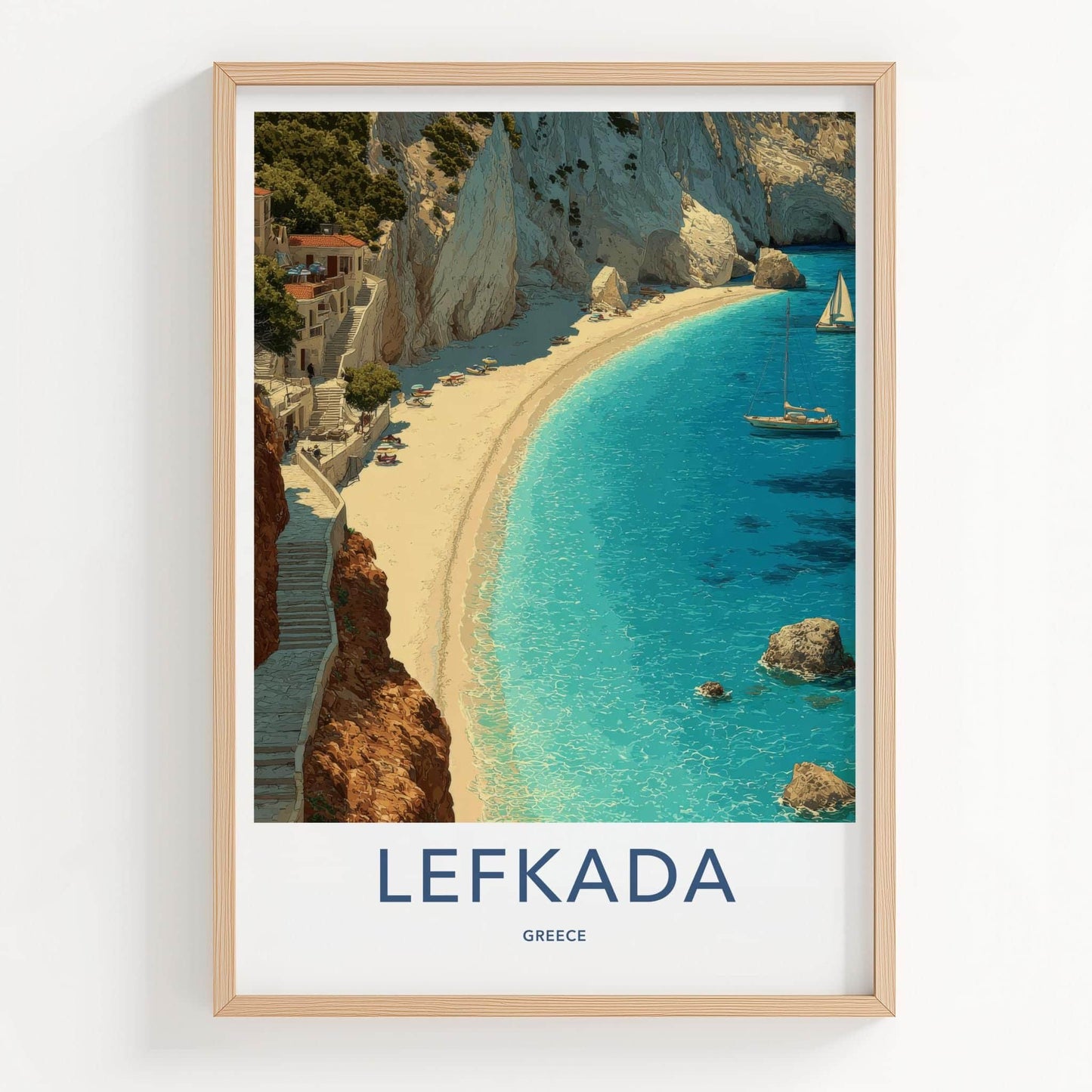 Lefkada Poster - Greece Travel Art - Village Cliff Beach Home Decor