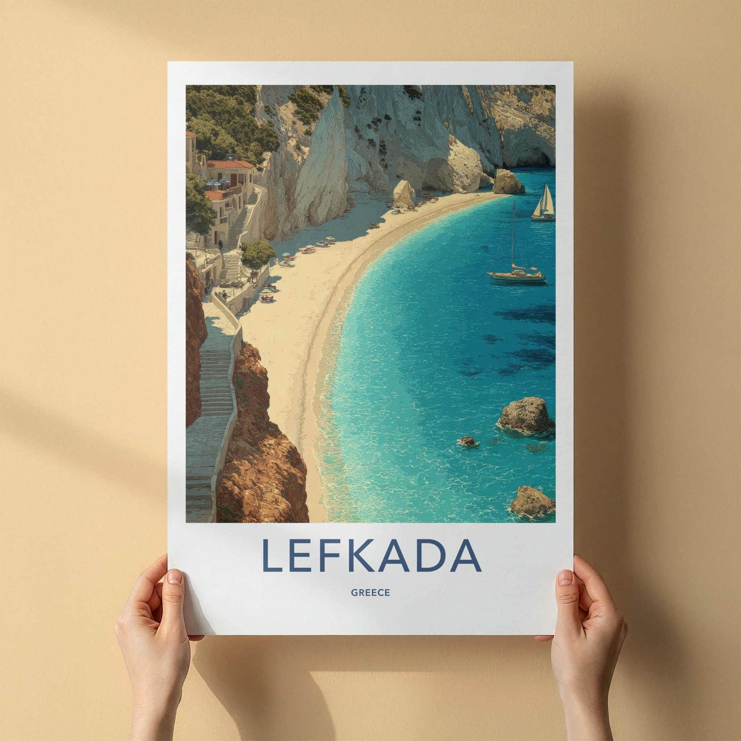 Lefkada Poster - Greece Travel Art - Village Cliff Beach Home Decor