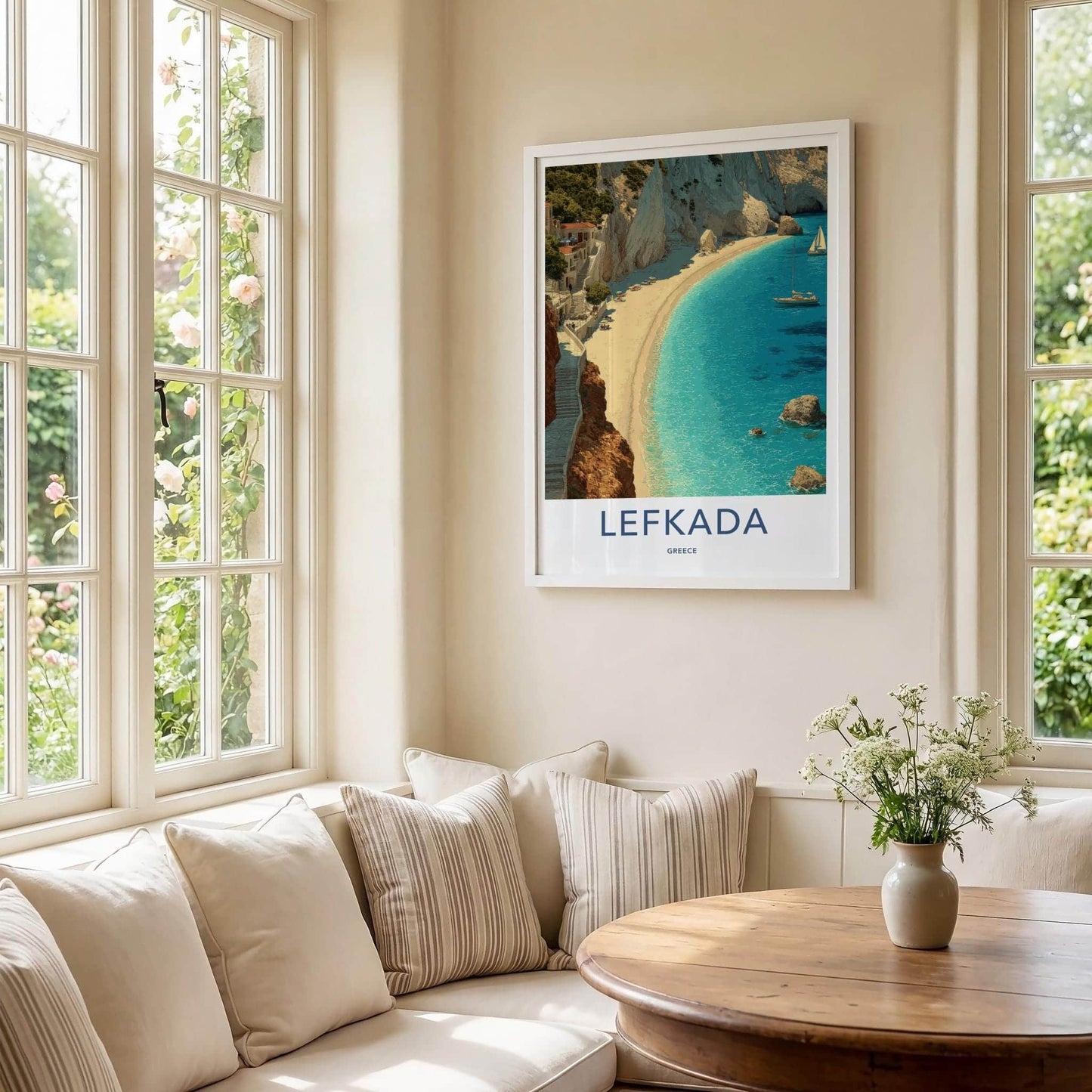 Lefkada Poster - Greece Travel Art - Village Cliff Beach Home Decor