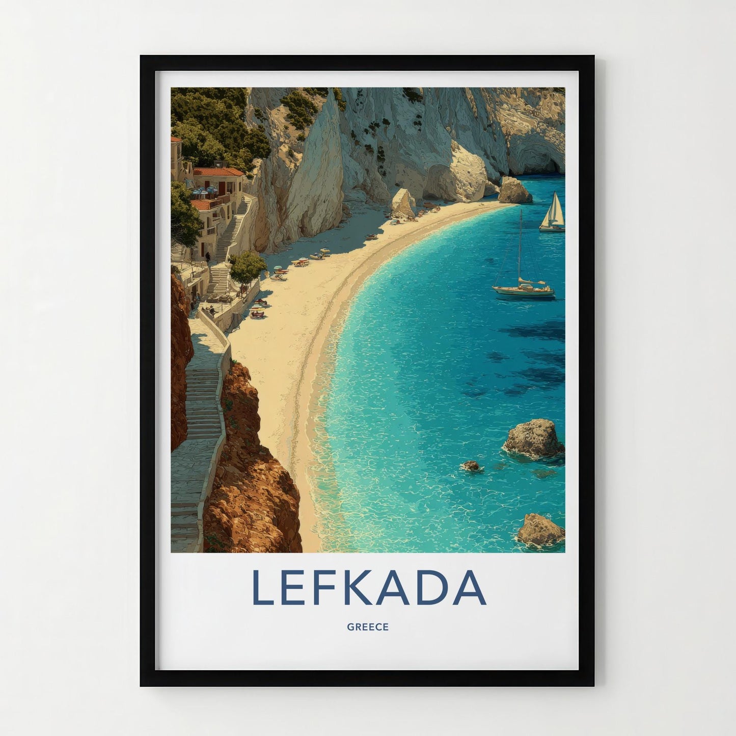 Lefkada Poster - Greece Travel Art - Village Cliff Beach Home Decor
