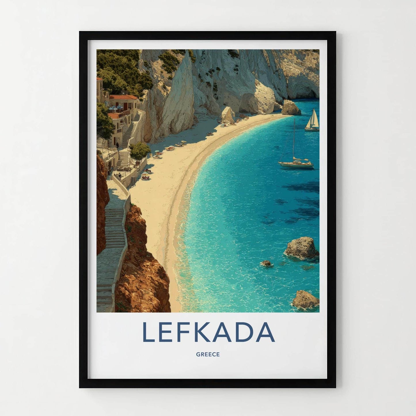 Lefkada Poster - Greece Travel Art - Village Cliff Beach Home Decor