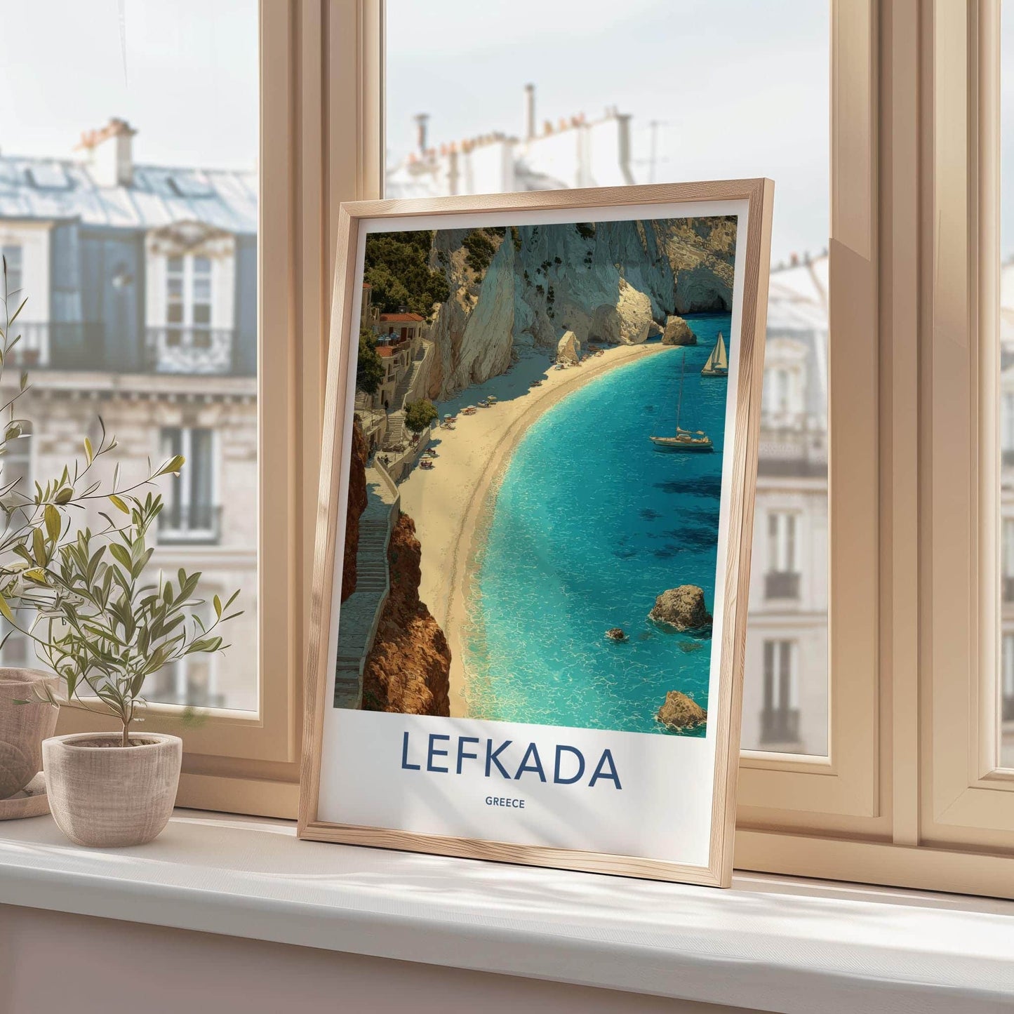 Lefkada Poster - Greece Travel Art - Village Cliff Beach Home Decor