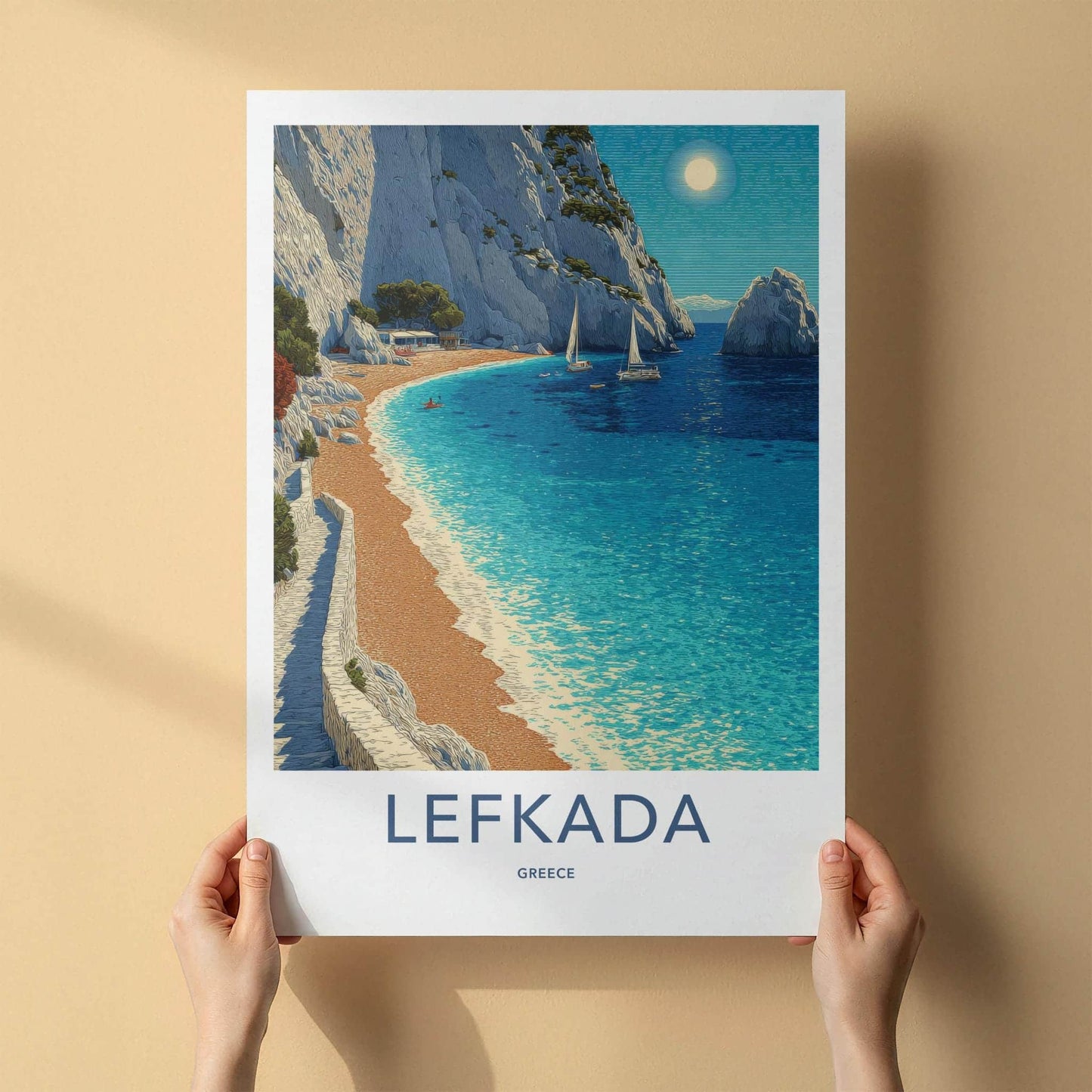 Lefkada Poster - Greece Travel Art - White Cliffs Beach Wall Decor