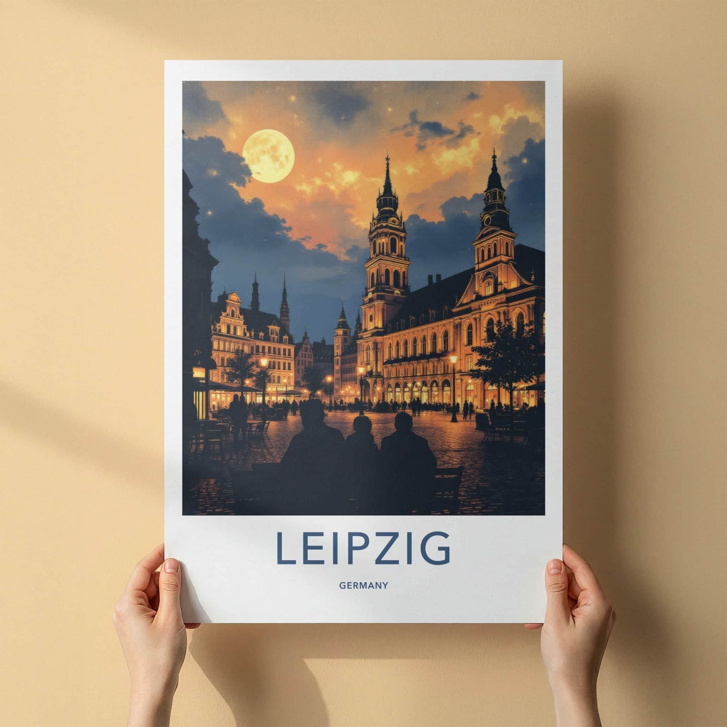 Leipzig Poster - Germany Travel Art - Moonlit City Square Home Decor