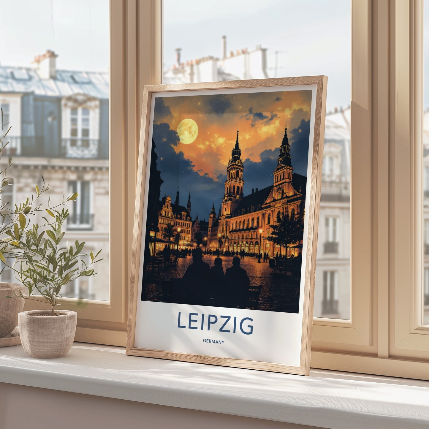 Leipzig Poster - Germany Travel Art - Moonlit City Square Home Decor