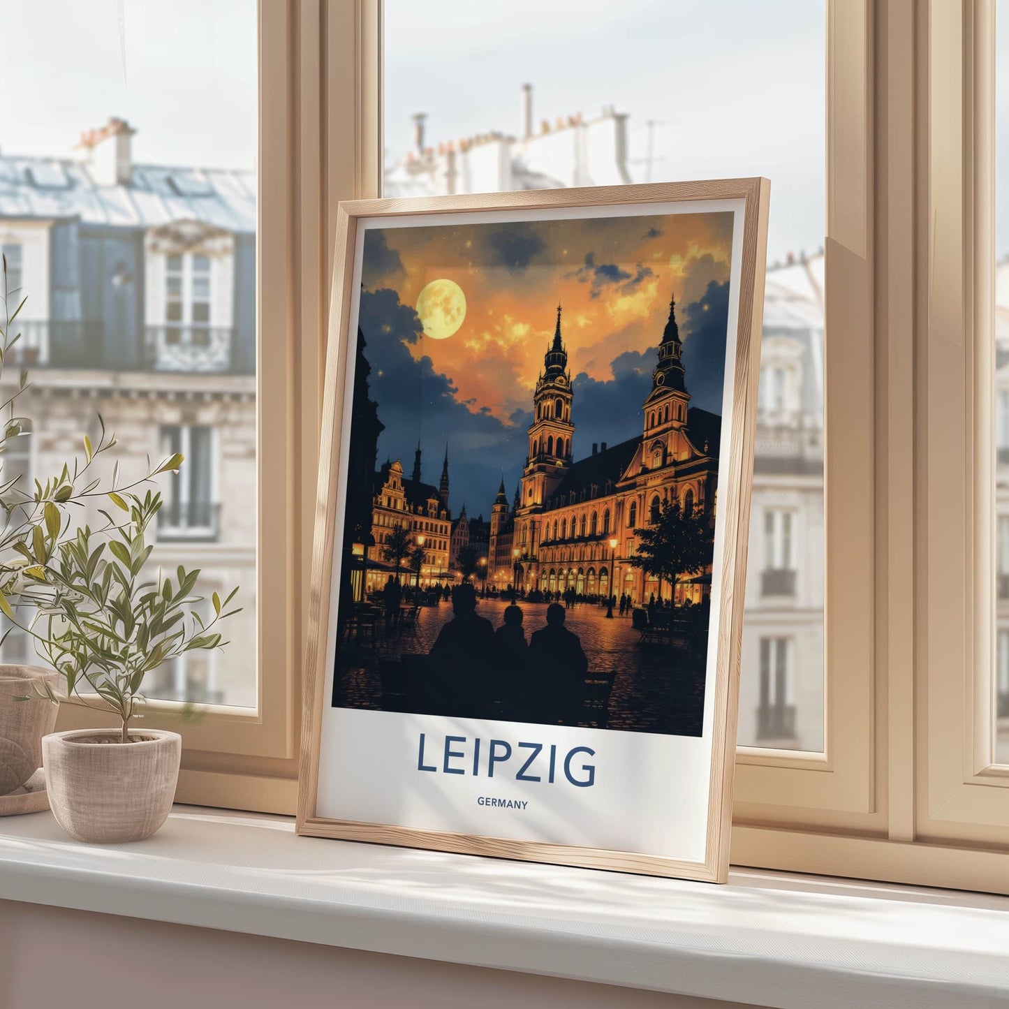 Leipzig Poster - Germany Travel Art - Moonlit City Square Home Decor