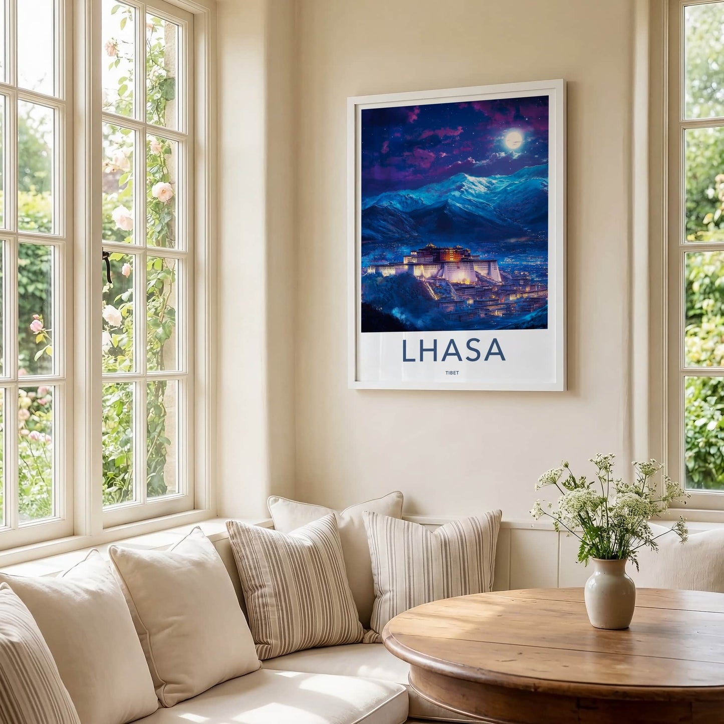 Lhasa Poster - Tibet Travel Art - Moonlit Palace Mountains Wall Decor