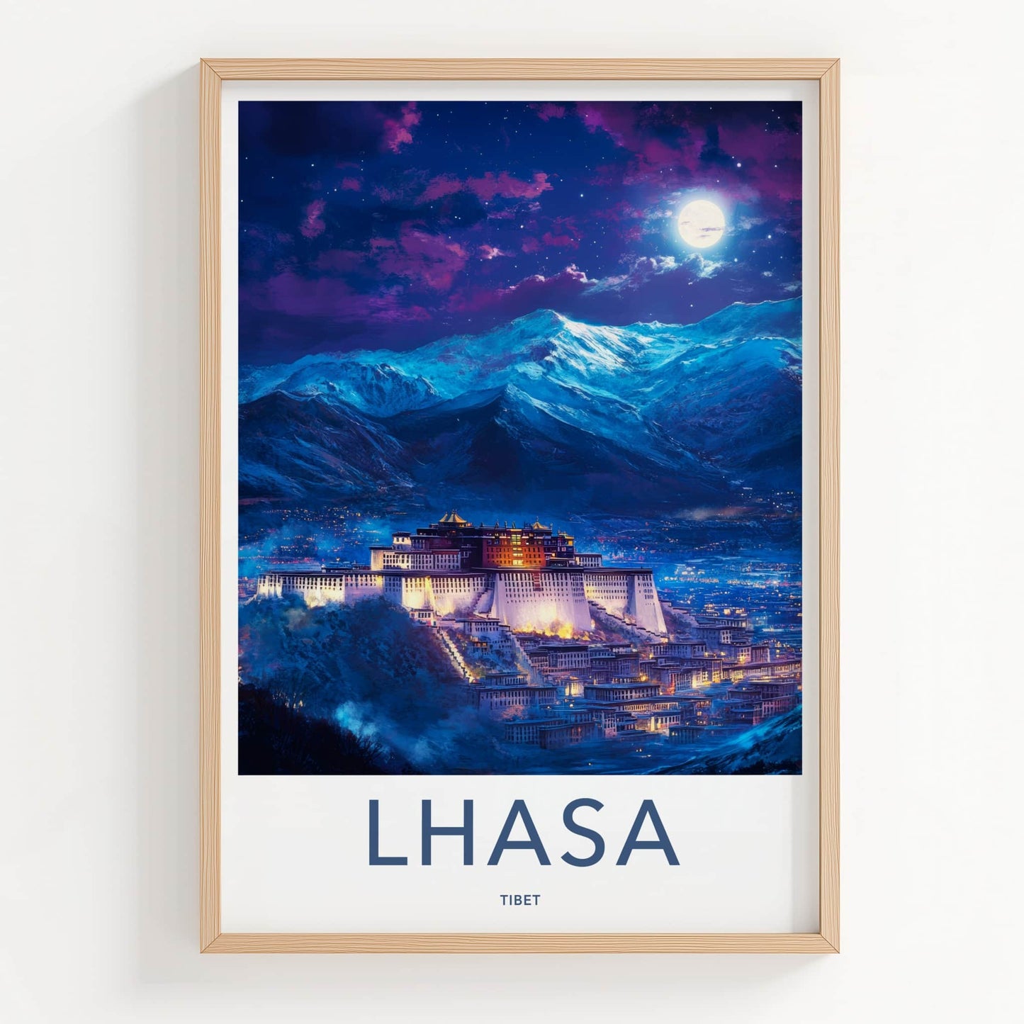 Lhasa Poster - Tibet Travel Art - Moonlit Palace Mountains Wall Decor