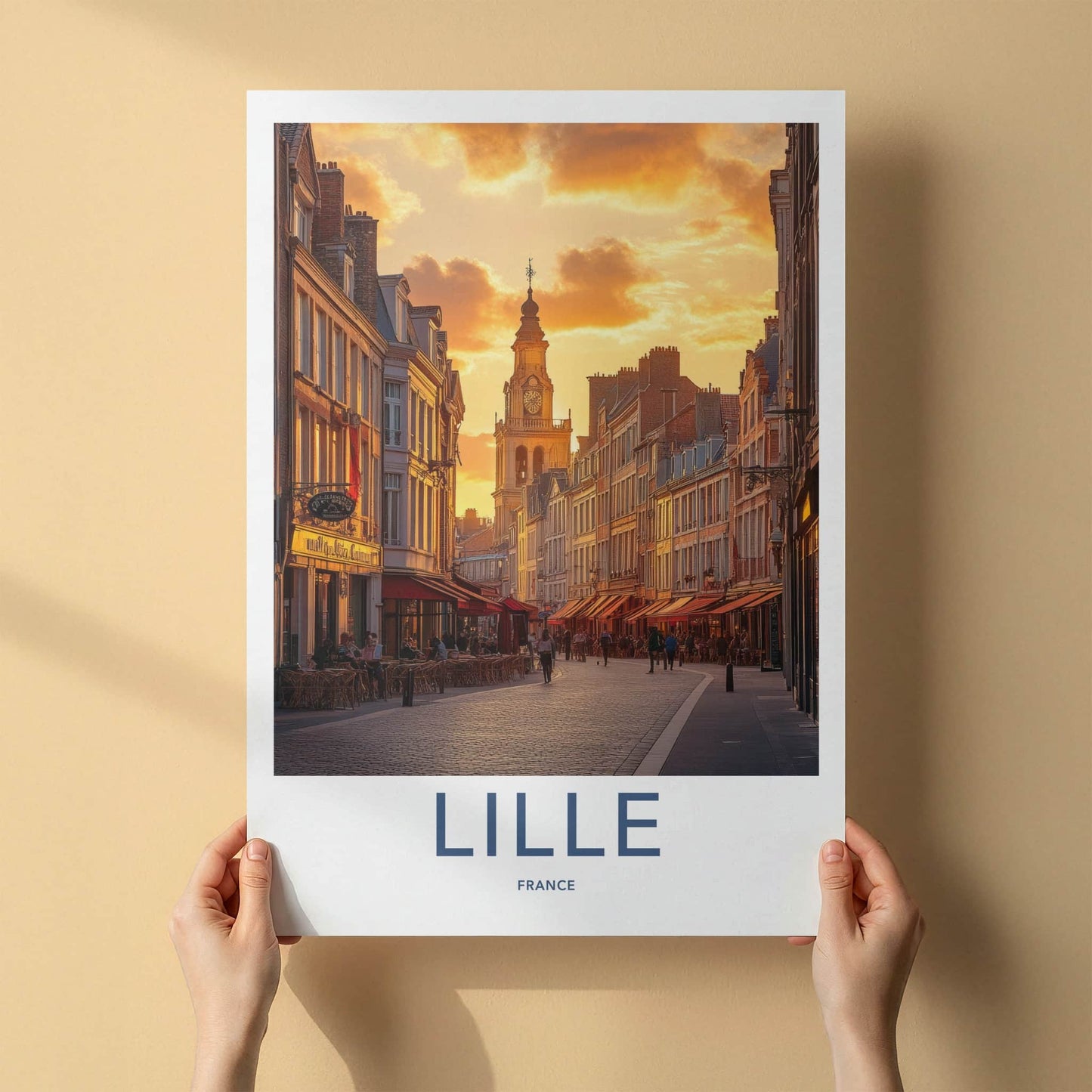Lille Poster - France Framed Print - Sunset Cobblestone Street Lounge Decor