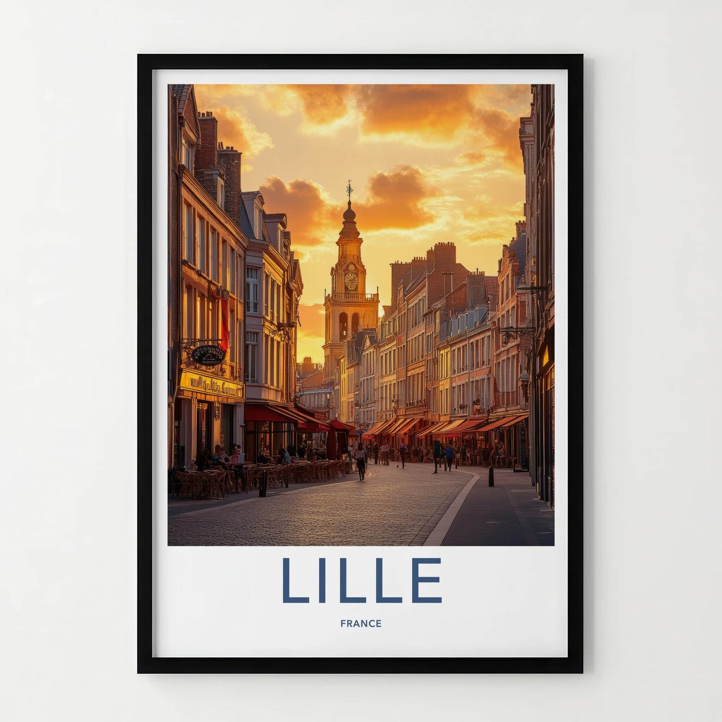 Lille Poster - France Framed Print - Sunset Cobblestone Street Lounge Decor