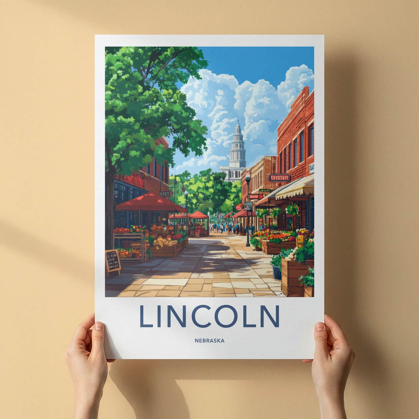 Lincoln Poster - Nebraska Travel Art - Bustling market street Home Decor