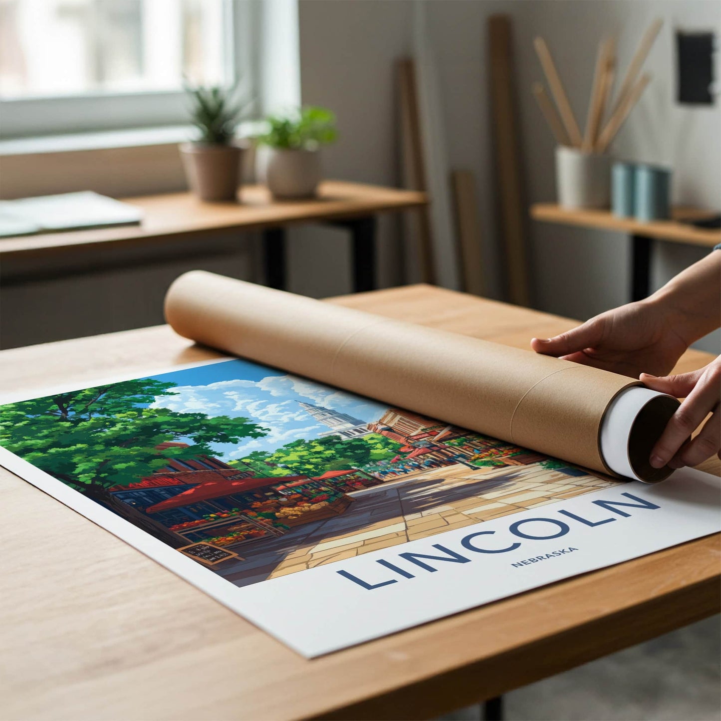 Lincoln Poster - Nebraska Travel Art - Bustling market street Home Decor