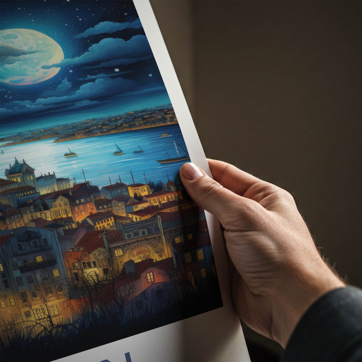 Lisbon Poster - Portugal Travel Art - Moonlit City River Home Decor