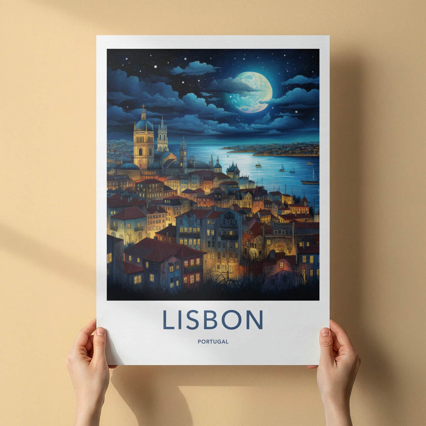 Lisbon Poster - Portugal Travel Art - Moonlit City River Home Decor