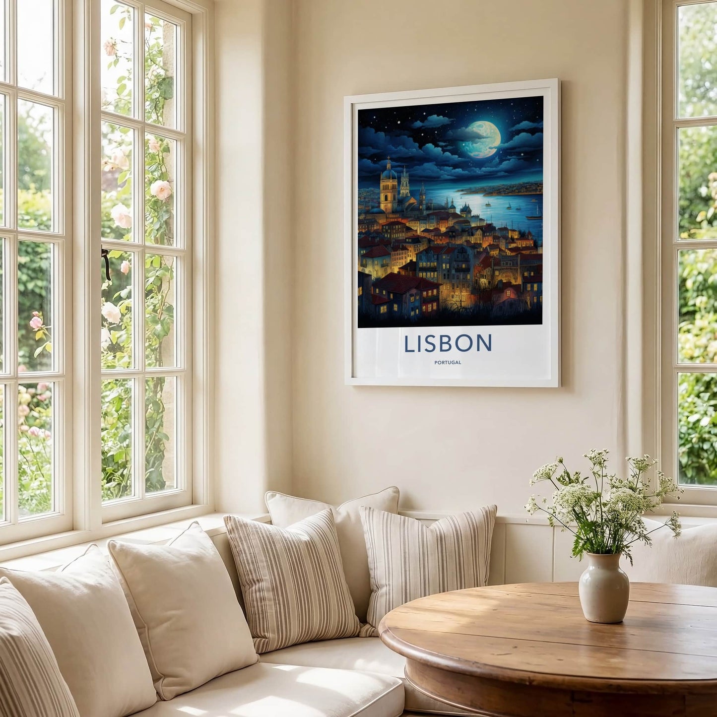 Lisbon Poster - Portugal Travel Art - Moonlit City River Home Decor
