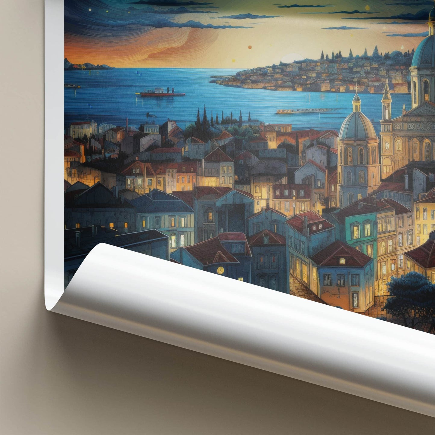 Lisbon Poster - Portugal Wall Art - Starry Cityscape River Home Decor
