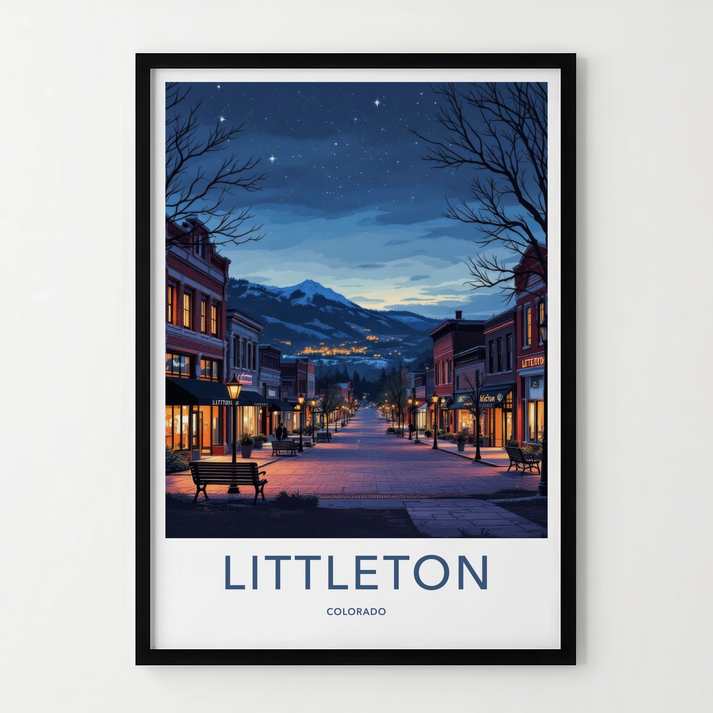 Littleton Poster - Colorado Travel Art - Starry Mountain Street Wall Decor