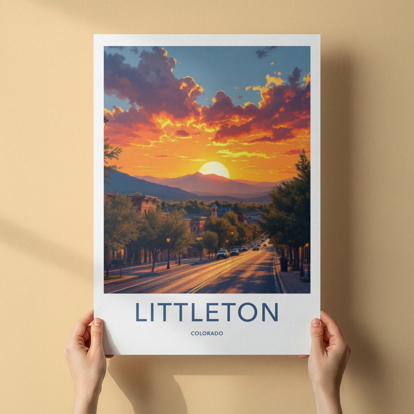 Littleton Poster - Colorado Travel Print - Fiery Sunset Town Wall Decor