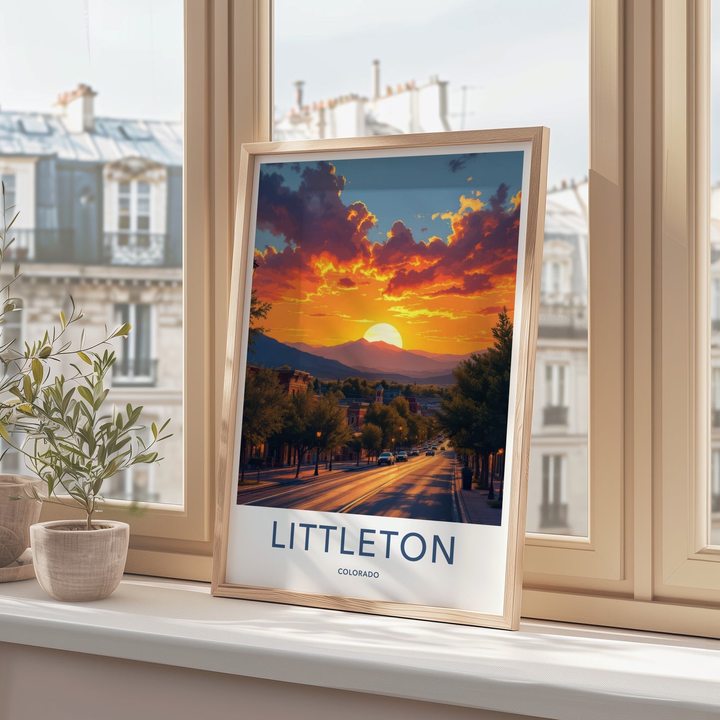 Littleton Poster - Colorado Travel Print - Fiery Sunset Town Wall Decor