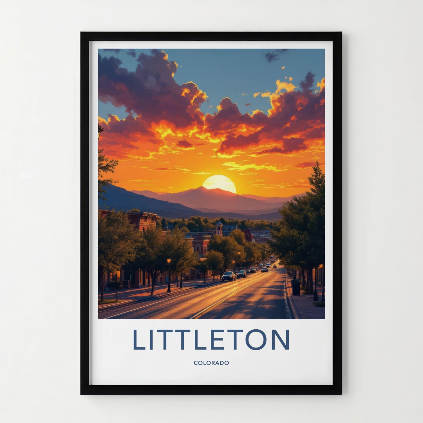Littleton Poster - Colorado Travel Print - Fiery Sunset Town Wall Decor