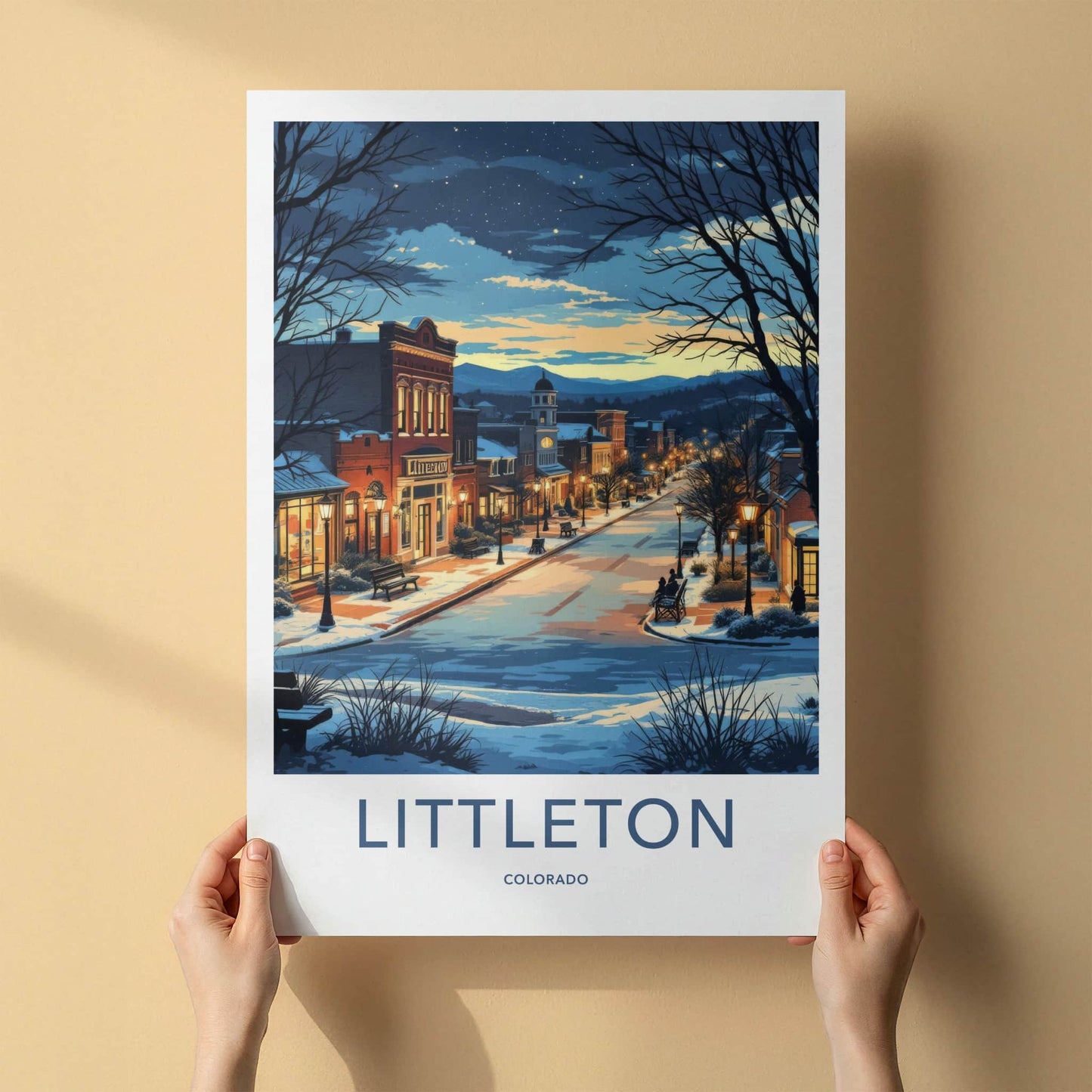 Littleton Poster - Colorado Wall Art - Snowy Town Evening Home Decor