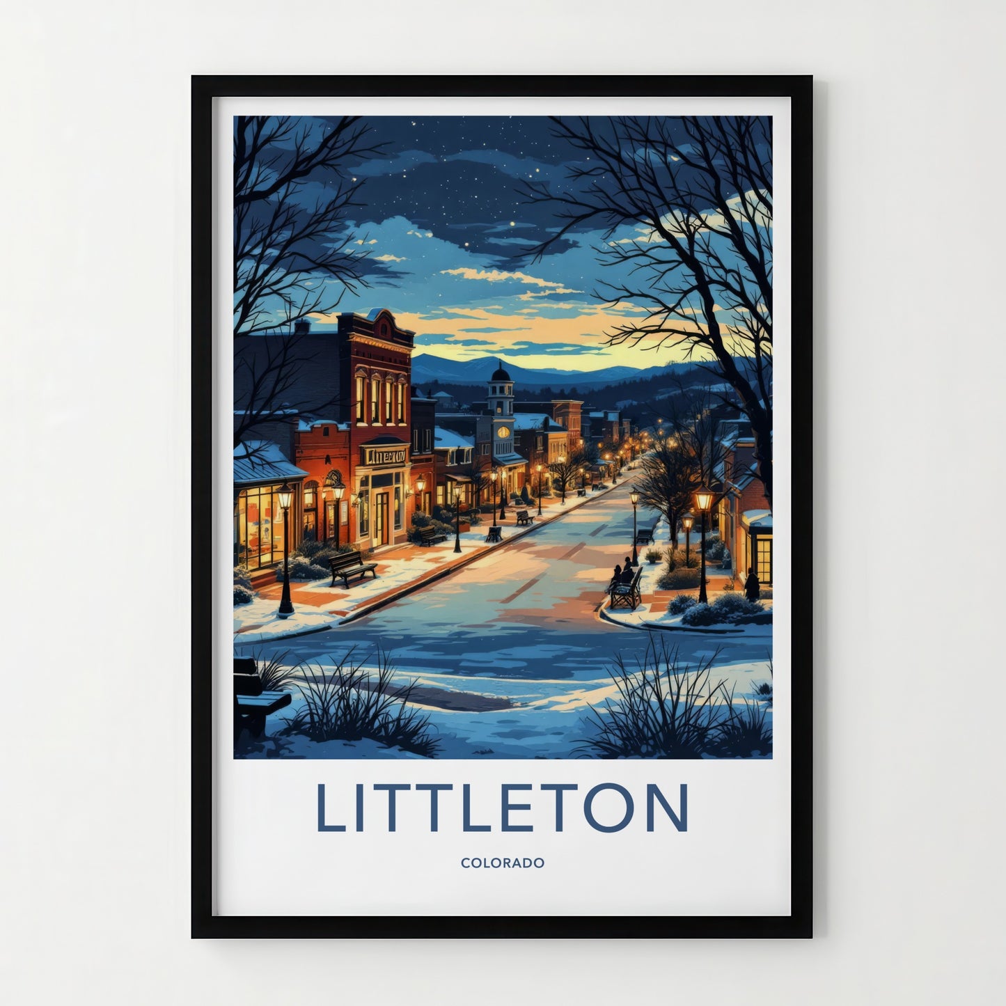 Littleton Poster - Colorado Wall Art - Snowy Town Evening Home Decor