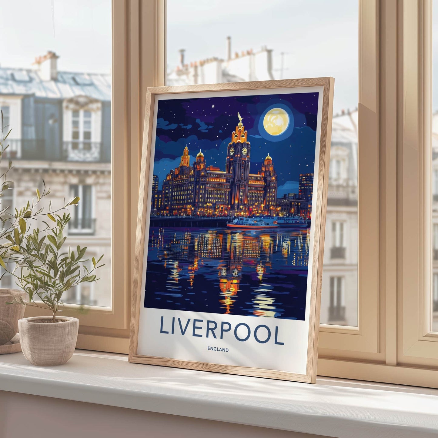 Liverpool Poster - England Travel Art - Nighttime Waterfront Skyline Home Decor