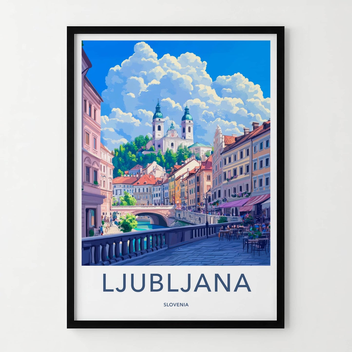 Ljubljana Poster - Slovenia Travel Art - City River Buildings Wall Decor
