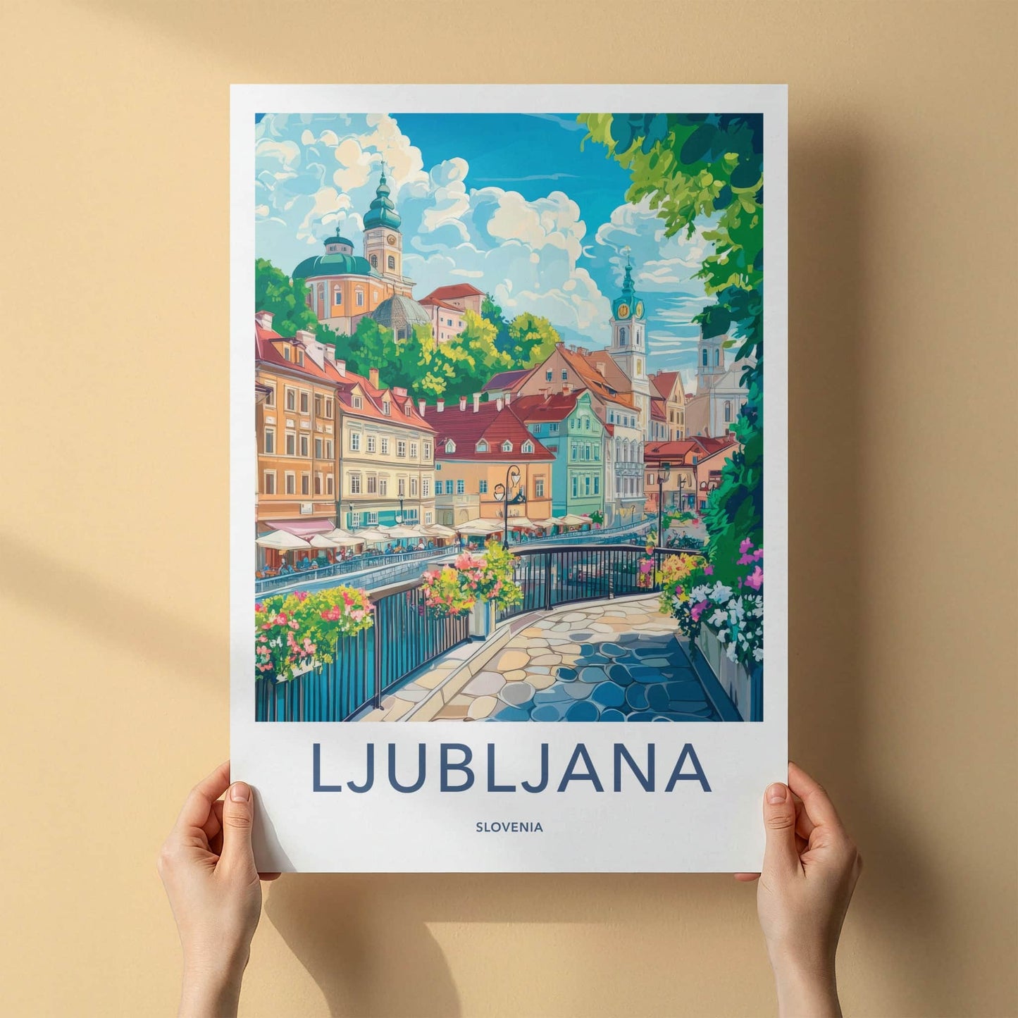 Ljubljana Poster - Slovenia Travel Art - Colorful riverside buildings Home Decor