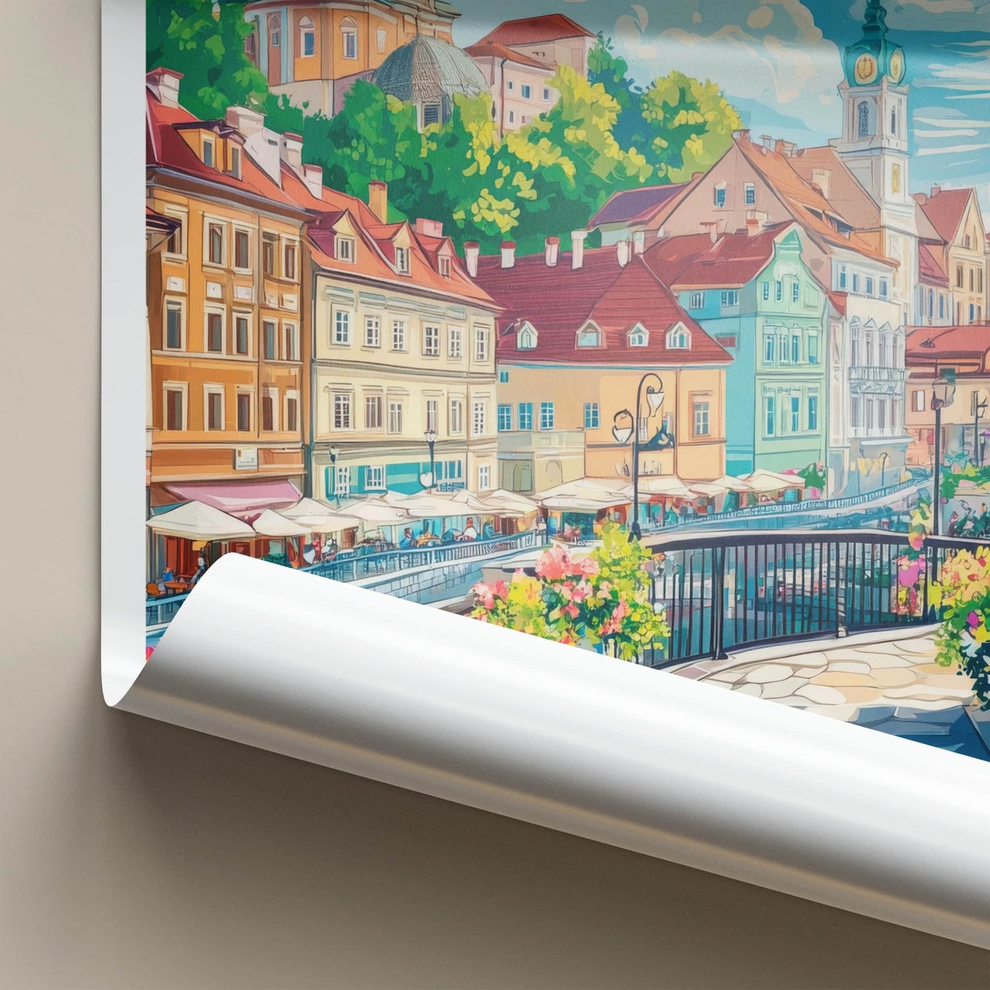 Ljubljana Poster - Slovenia Travel Art - Colorful riverside buildings Home Decor
