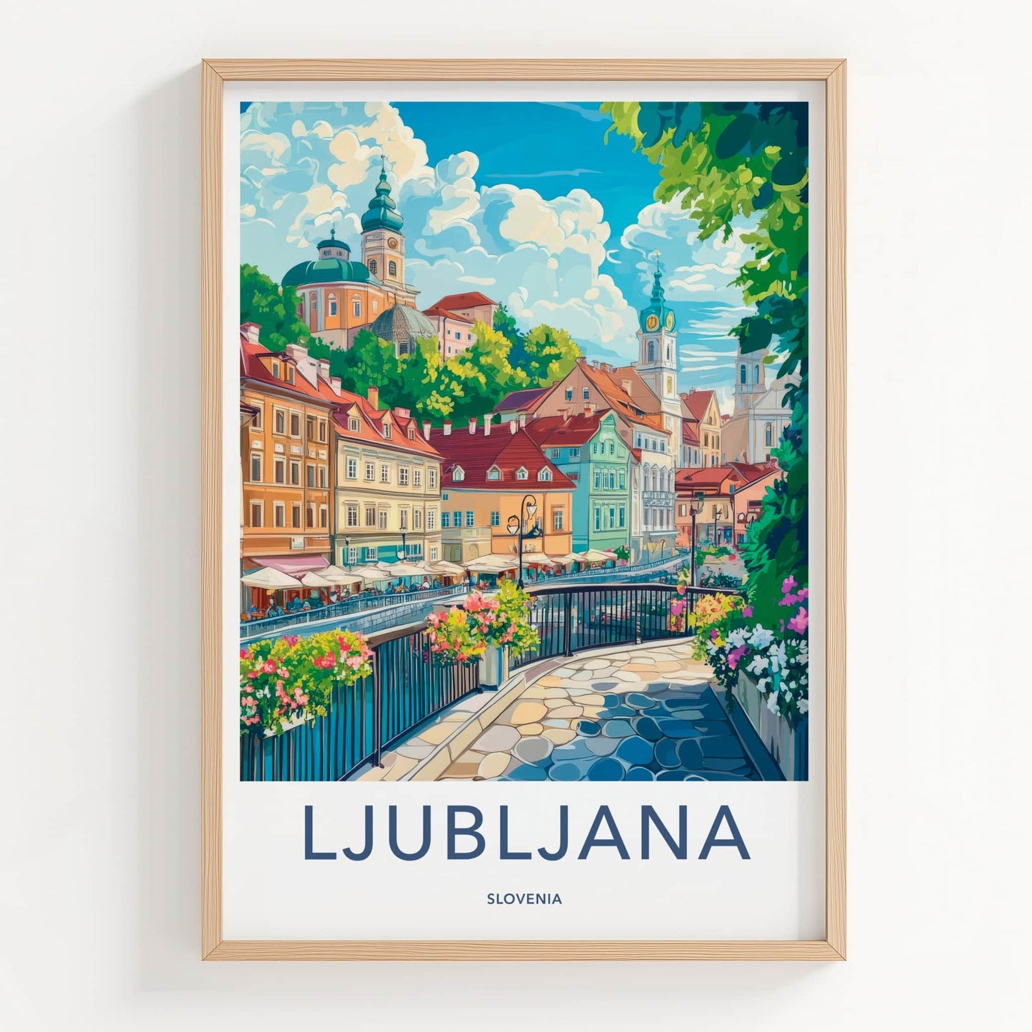 Ljubljana Poster - Slovenia Travel Art - Colorful riverside buildings Home Decor