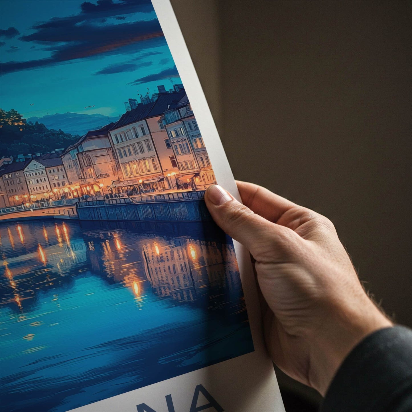 Ljubljana Poster - Slovenia Travel Art - Night River Lights Home Decor