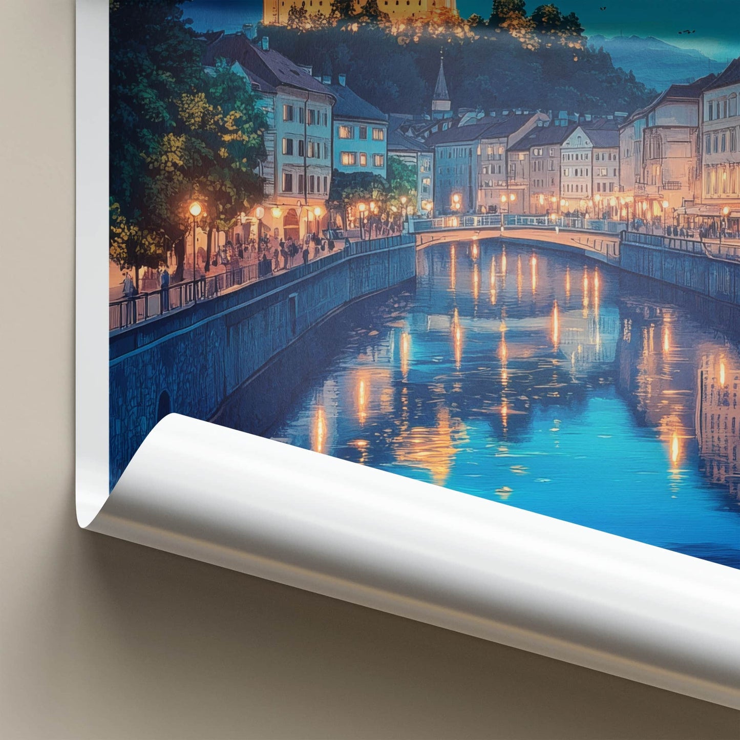 Ljubljana Poster - Slovenia Travel Art - Night River Lights Home Decor