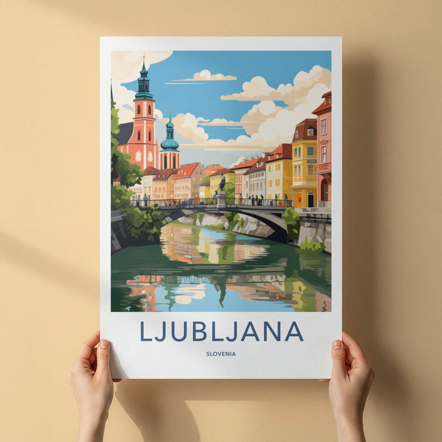 Ljubljana Poster - Slovenia Travel Art - Riverside Urban Scene Home Decor