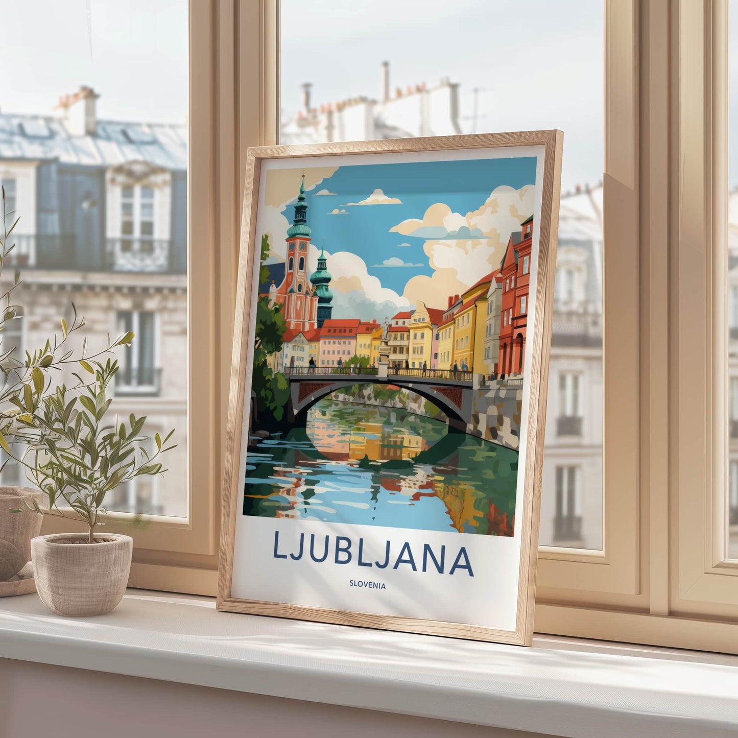Ljubljana Poster - Slovenia Wall Art - Riverfront Cityscape Scene Home Decor