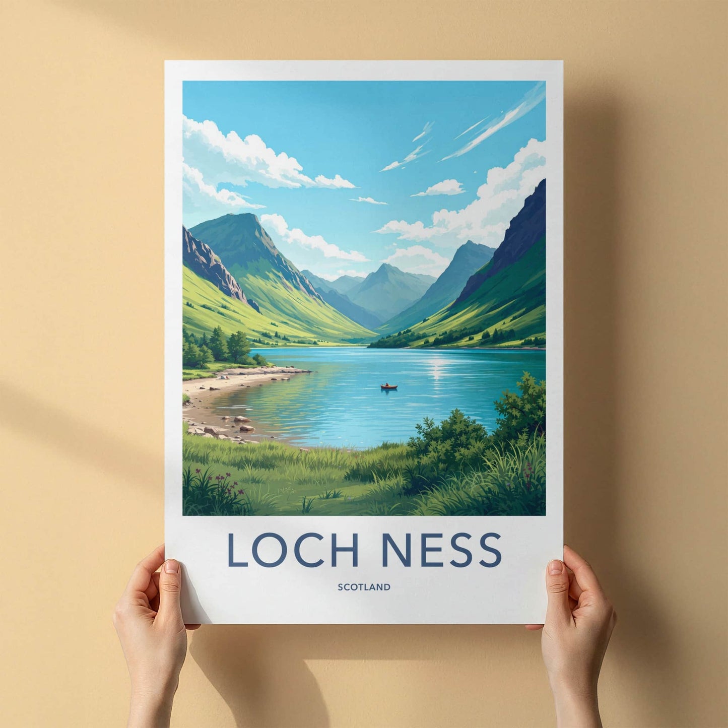 Loch Ness Poster - Scotland Travel Art - Calm Water Mountains Wall Decor