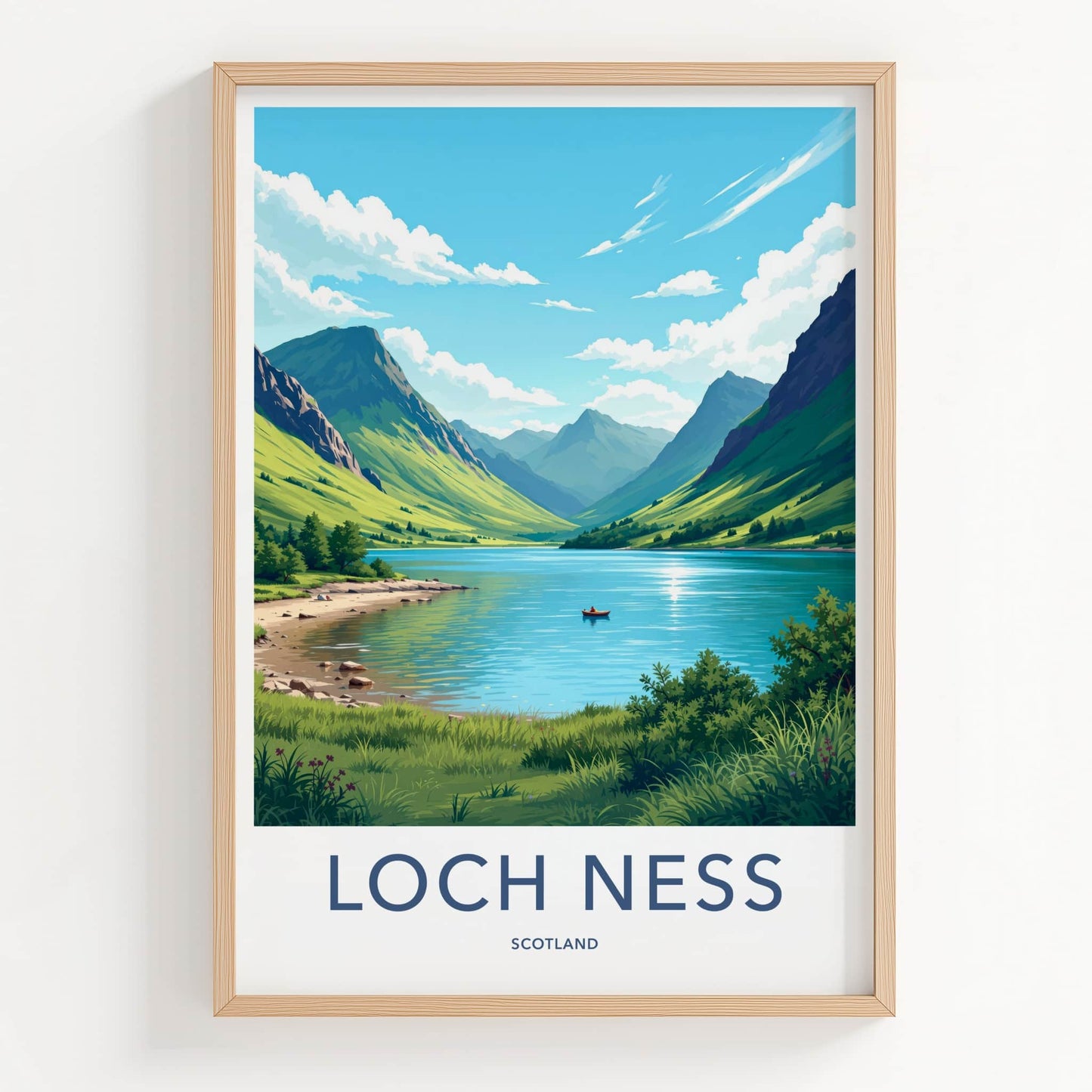 Loch Ness Poster - Scotland Travel Art - Calm Water Mountains Wall Decor