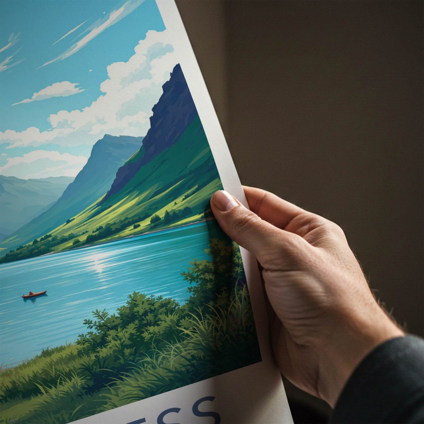 Loch Ness Poster - Scotland Travel Art - Calm Water Mountains Wall Decor